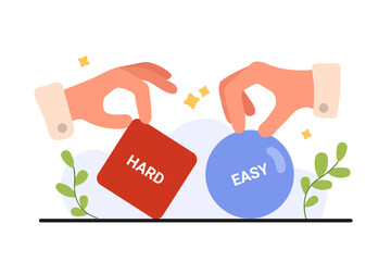 Business competition, advantages and disadvantages of different methods for solving business problems. Hands of leaders roll ball and push cube box, work hard and easy cartoon vector illustration - obrazy, fototapety, plakaty