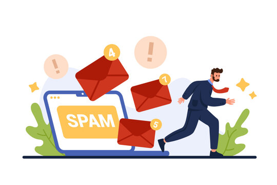 Email spam overload, many junk mails and marketing letters reduce efficiency and productivity of businessman. Tiny man with tie running away in stress from flying envelopes cartoon vector illustration