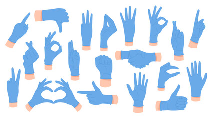 Different gestures of doctors hands in blue rubber gloves set. Body language collection of arms in protective gloves point up and down, count numbers with fingers cartoon vector illustration