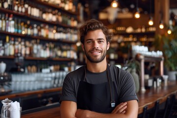 A charming man in a black apron serves drinks with a smile at a cozy pub, exuding warmth and hospitality - obrazy, fototapety, plakaty
