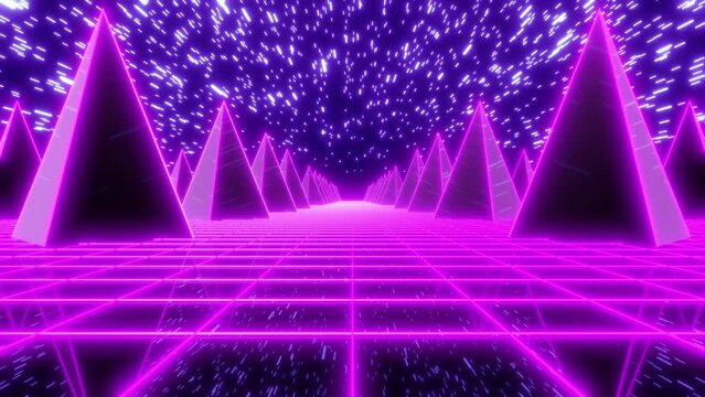 Neon pyramids on a grid floor. Retrowave background 