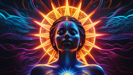 The woman is the sun in neon colors, energy flows through the body.