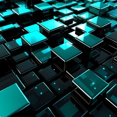 Futuristic Neon Blue Cubes on a Glossy Black Grid Background