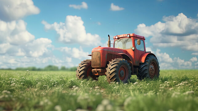 red tractor on the meadow, spring agriculture time, blue sky 