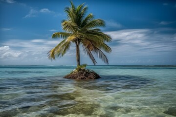 Seaside Serenity A Lone Palm Tree on a Tiny Tropical Island, Blue Sky as the Backdrop