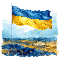 Ukrainian flag on wheat field during sunset isolated watercolor. Concept of food crisis and famine due to Russia war against Ukraine