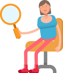 Woman Character Sitting and Holding Magnifier

