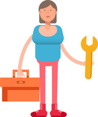 Woman Character Holding Toolbox and Wrench
