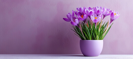 bouqet of crocuses in the pot on the purple background 