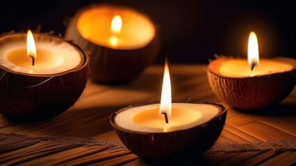 Fototapeta na wymiar Natural handmade candles in coconut.