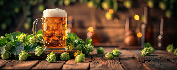 banner of beer with hops, International Beer Day is a celebration on the first Friday of every August 