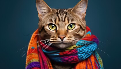 Cute tabby cat wearing colorful scarf Fashion portrait of an anthropomorphic animal