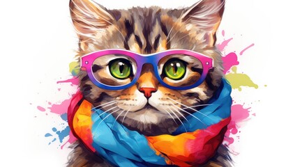 Cute tabby cat wearing colorful scarf Fashion portrait of an anthropomorphic animal - obrazy, fototapety, plakaty