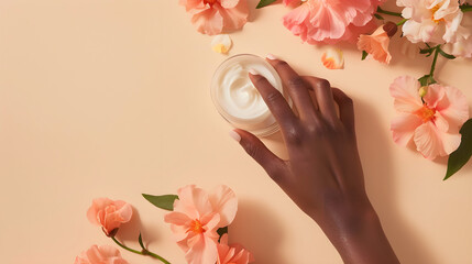 Female black hand with cosmetic jar cream and peach flowers. Advertising anti-aging cosmetics. Top view, copy space