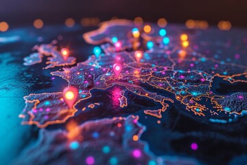 Macro photography of placemarks over the main capitals of the European continent. A map of Europe in neon light with markers. 3d illustration - obrazy, fototapety, plakaty