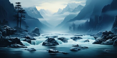 A majestic mountain river flowing through a dense forest.