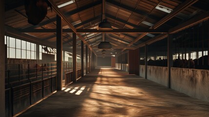 Sun casting long shadows inside a spacious cattle barn with cows in stalls