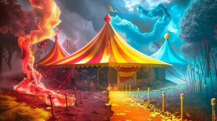 Surreal circus tent scene with contrasting elements of fire and water, amidst a mystical forest - obrazy, fototapety, plakaty