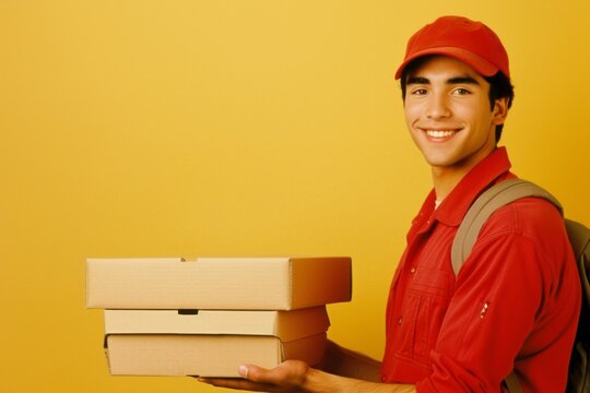 Cheerful man in red delivering multiple pizza boxes against a yellow wall