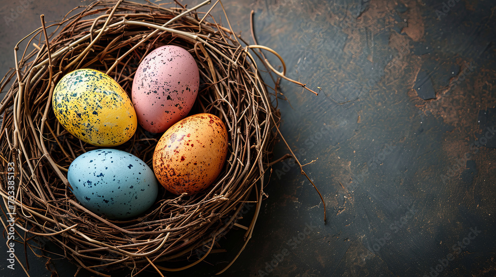 Wall mural multicolour easter eggs in the nest on the dark background