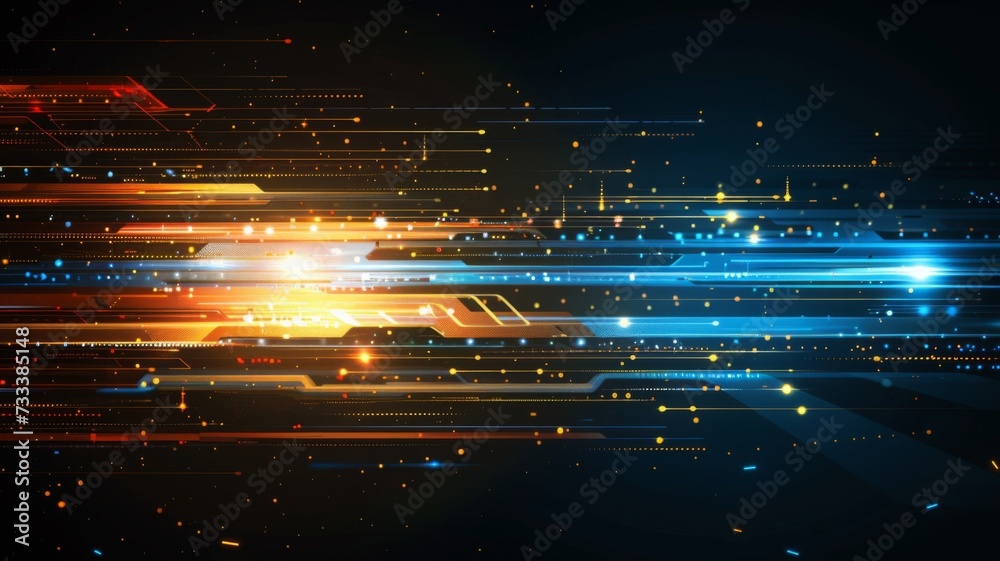 Poster High-tech digital abstract background with glowing lines and dots on a dark base symbolizing connectivity and data flow