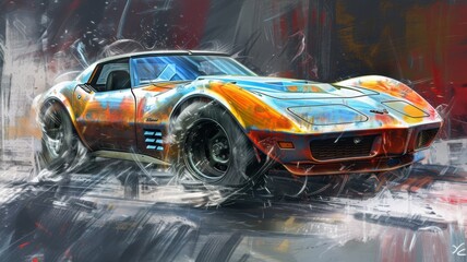 A classic Corvette painted in action with a flurry of abstract elements - obrazy, fototapety, plakaty