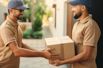 Delivery man courier gives the parcel to the customer