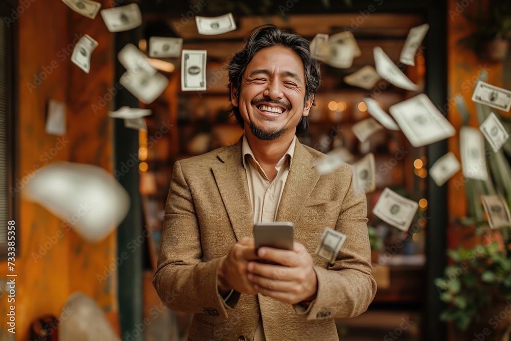 Wall mural a latin man in a business suit is holding a phone, money is flying out of the phone, a man with a joyful face is holding a phone, money is flying everywhere, online casino, online buisness