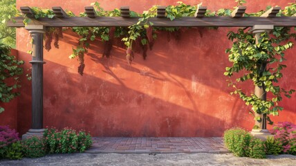 Sunlit Mediterranean courtyard with vibrant flowers and greenery against a warm red wall, exuding old-world allure.