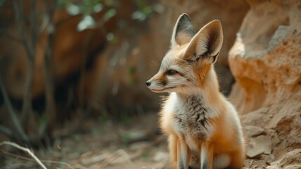 Majestic fennec fox sitting alertly amidst natural habitat, large ears prominent and attentive