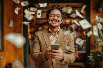 a latin man in a business suit is holding a phone, money is flying out of the phone, a man with a joyful face is holding a phone, money is flying everywhere, online casino, online buisness - obrazy, fototapety, plakaty