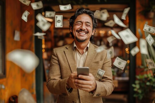 a latin man in a business suit is holding a phone, money is flying out of the phone, a man with a joyful face is holding a phone, money is flying everywhere, online casino, online buisness