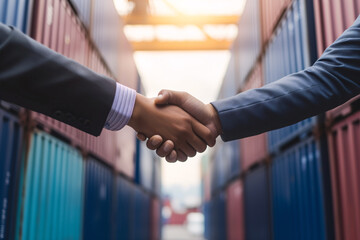 Handshake, logistics business and global distribution transport, in the container terminal.