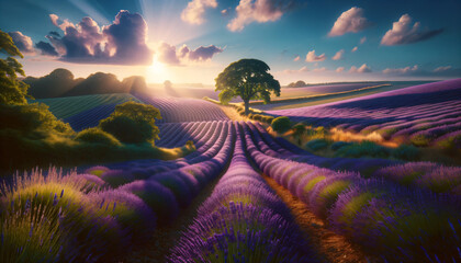 Serene landscape of lavender fields under a sunny sky, with vibrant purples and lush greens enhanced by natural light and soft shadows. Generative AI.