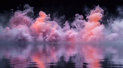 Subdued wisps of misty lavender and muted coral gently diffusing in water, forming a tranquil and sophisticated abstract tableau on a canvas of profound black.  - obrazy, fototapety, plakaty