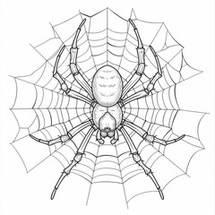 Obraz premium A spider on a web, an insect. Black and white coloring book.