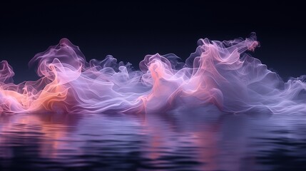 Subdued wisps of misty lavender and muted coral gently diffusing in water, forming a tranquil and sophisticated abstract tableau on a canvas of profound black.  - obrazy, fototapety, plakaty