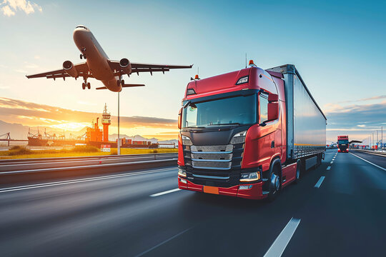 Airplane fly above the truck at industrial port. Freight import export transportation concept