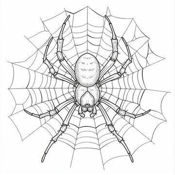 A spider on a web, an insect. Black and white coloring book.