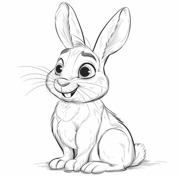 A cheerful hare, a cute rabbit. Black and white coloring book.