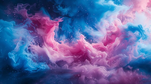 Vivid splashes of coral pink and celestial blue converging in a dynamic dance, creating an abstract masterpiece suspended in a sea of inky darkness. 