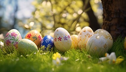 Gold Easter eggs with spring pattern theme on Beautiful Spring Foliage and Green Grass background