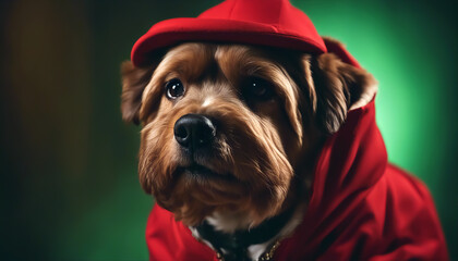 Portrait of a dog. Dog in red clothes on a green background. Selective focus. AI generated