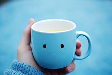 Cheerful hands holding a vibrant blue coffee cup, brightening up your blue monday