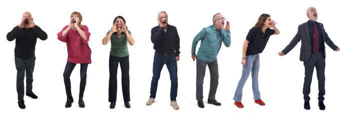 group of people standing screaming on white background