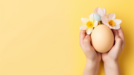 Easter background, close-up, children's hands hold a Pascal egg and spring flowers in their palms on a beige background, copy space - obrazy, fototapety, plakaty