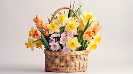 Fototapeta na wymiar wicker basket with spring flowers on a light yellow background. Easter background