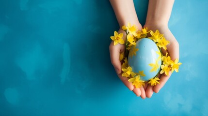 girl's hands holding a hand-painted Easter egg with small spring flowers on a blue background, Easter holiday concept
