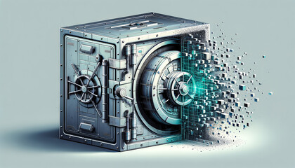 Secure vault with digital disintegration symbolizing zero knowledge proofs.