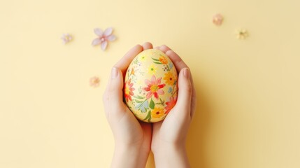 girl's hands holding a hand-painted Easter egg on a yellow background, Easter holiday concept